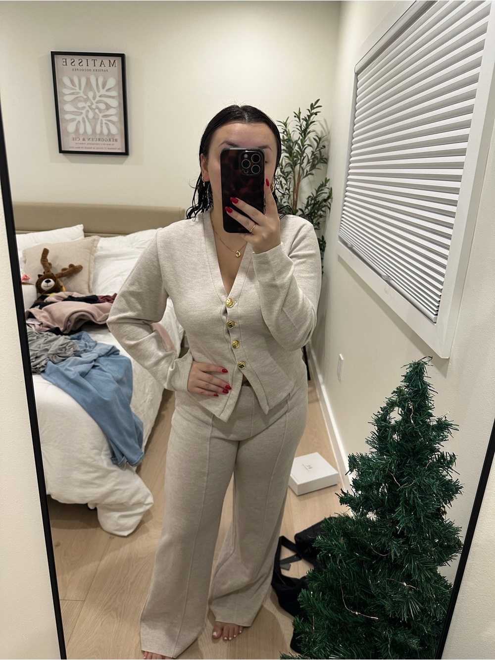 Women’s Cream Knit Button-Up Cardigan & Wide-Leg Pants Set